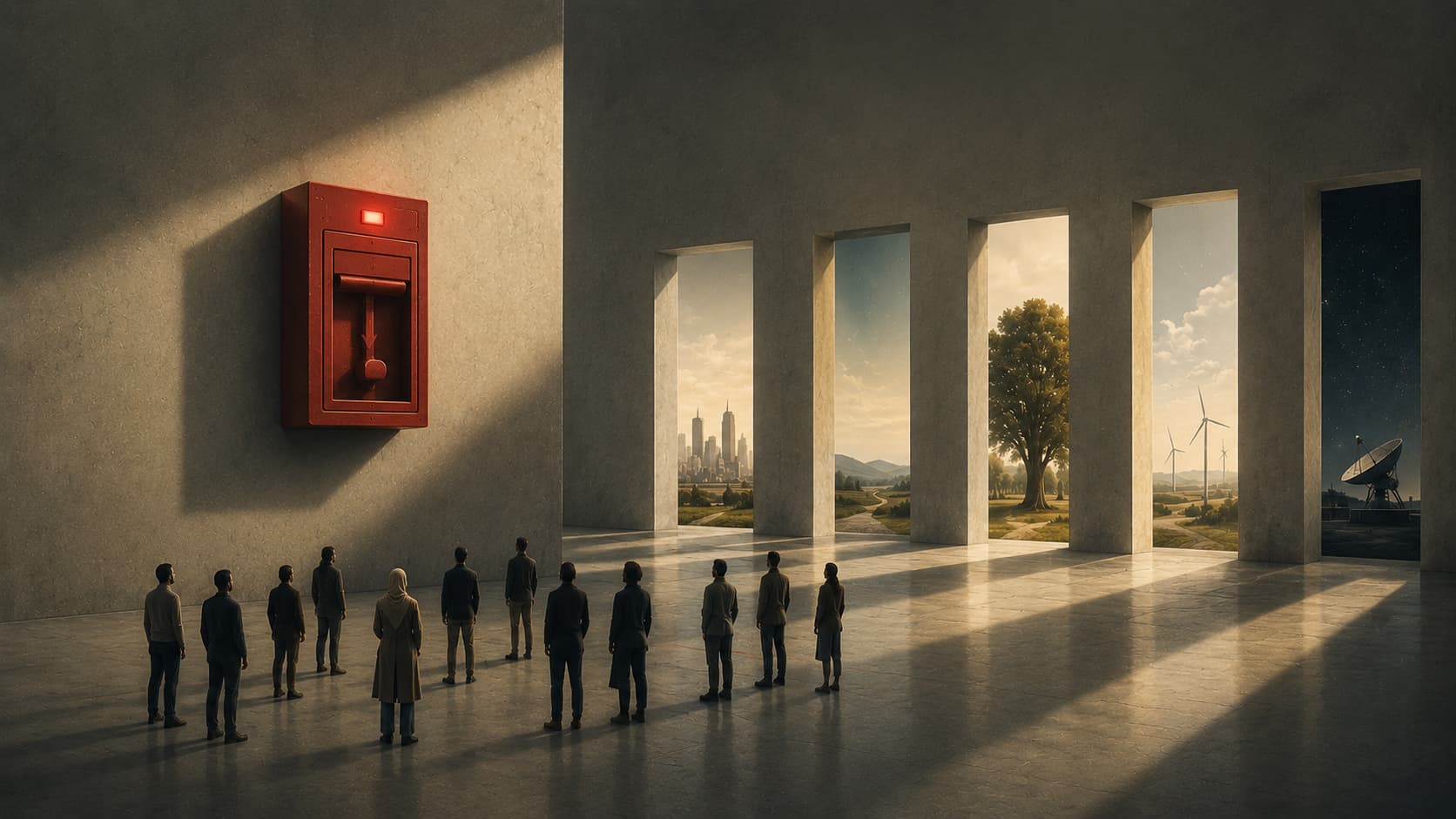 A red fire-alarm box on a concrete wall faces a row of tall doorways that open onto different futures – a city skyline, a starlit sky, a great tree, wind turbines, an observatory – while a small group of people stands watching.